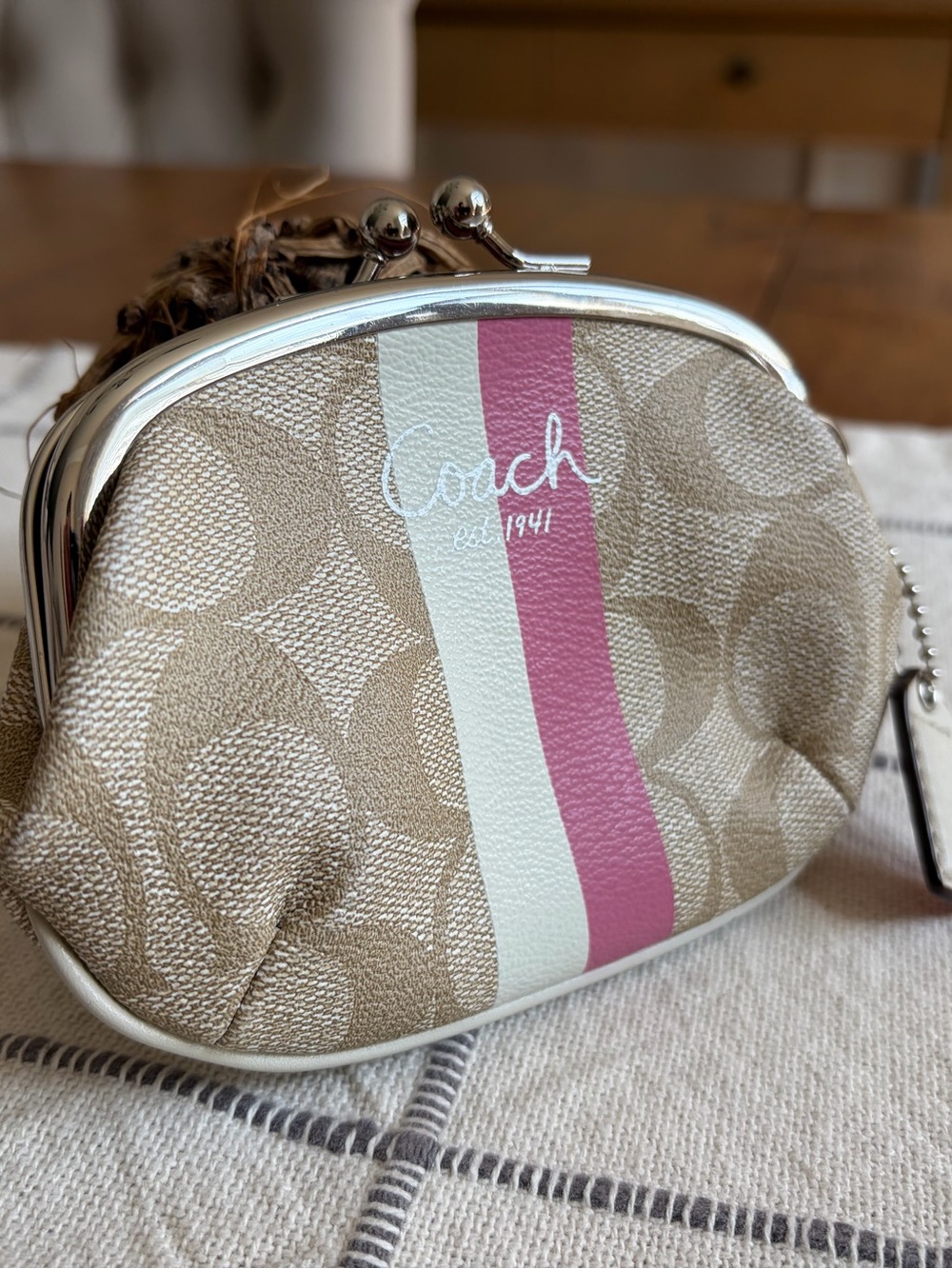 Coach Signature Canvas Pink & White Stripe Kisslock Coin Purse Pouch